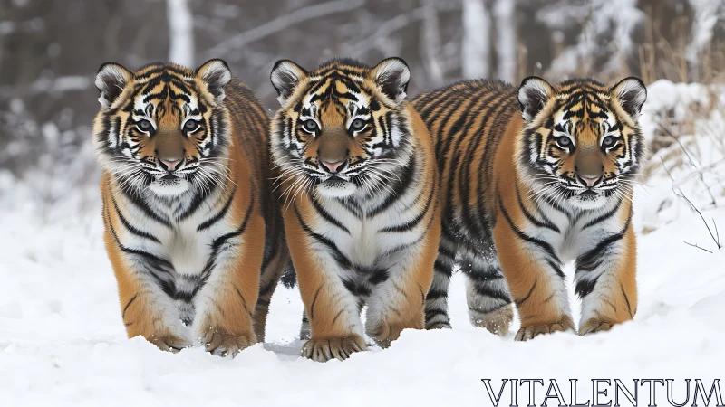 Three Tiger Cubs in Snow.