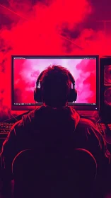 Solo gamer immersed in neon red digital battlestation