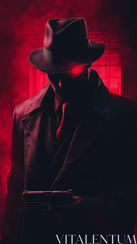 Mysterious red lit detective in shadowed noir alleyway.