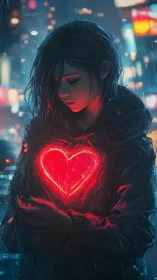 Neon heartbearer in rain slicked city of electric solitude.