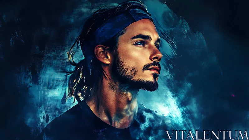 Digital portrait of side-lit man in teal and cobalt vapor glow.