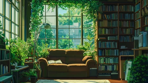 Sunlit reading nook blends indoor garden calm with cozy study