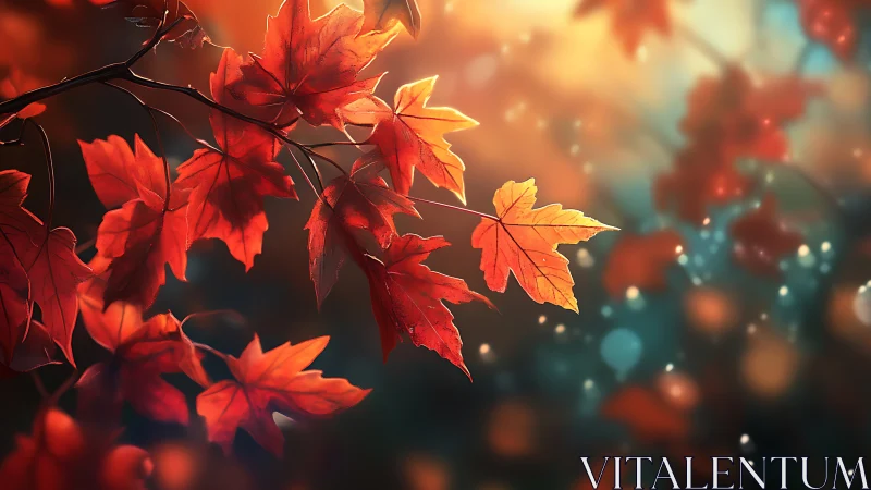 Autumn ember leaves drifting through honeyed sunset glow.