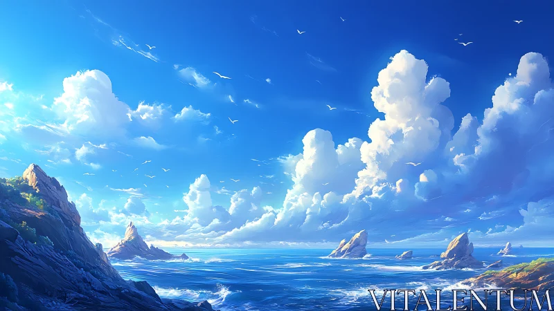 Bright rocky coastline under towering summer clouds.