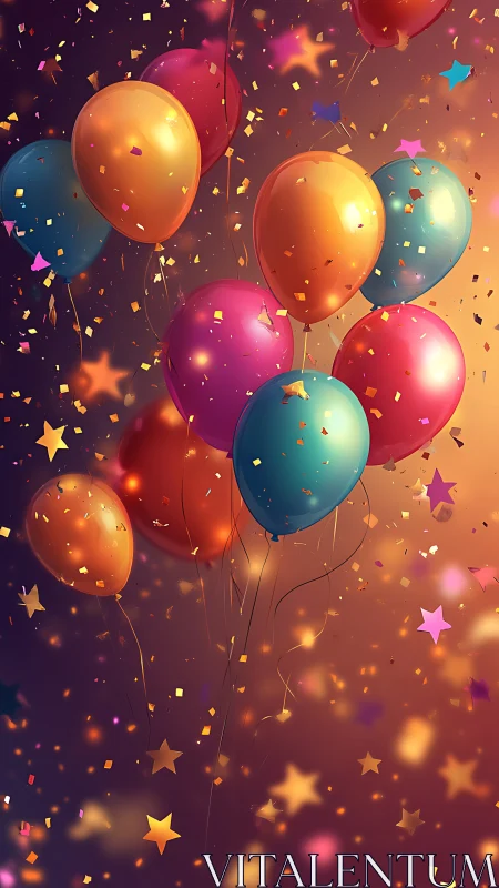 Glowing Balloons With Confetti and Stars Against Warm Gradient
