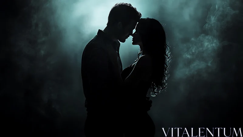 Silhouetted Couple Nearly Kissing Against Moody Atmosphere.