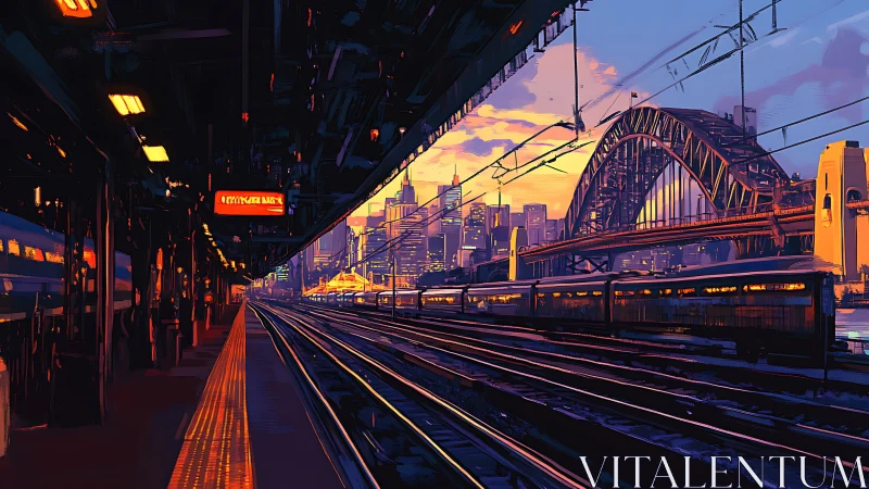 Sunlit urban railway vista with iconic arched bridge horizon.