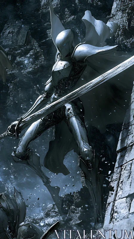 Armored humanoid knight leaps forward with raised sword