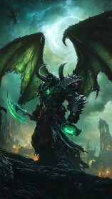 Demonic warlord under crescent moon rendered in dark fantasy