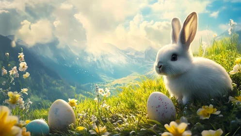 High-altitude meadow rabbit with chromatic egg array panorama.