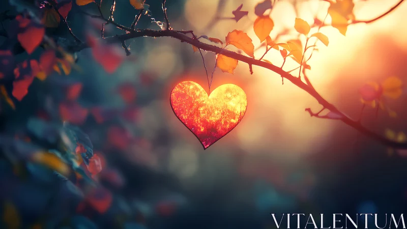 A luminous heart glows warmly amid autumn branches