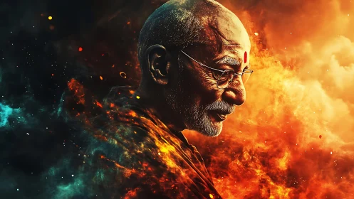 Elderly monk profile rendered in swirling fire and smoke