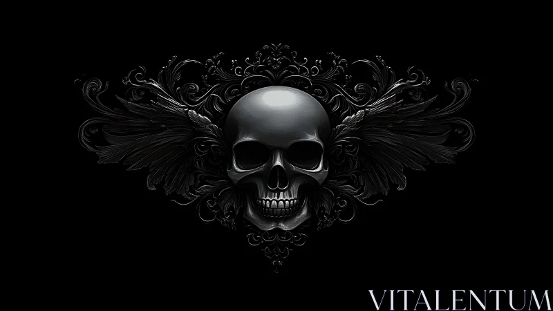 Glossy skull emerges from baroque black ornamental wings