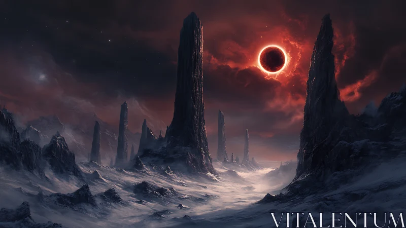Blood-red eclipse haunts frozen alien spire valley.