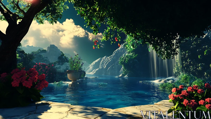 Lush garden pool overlooks waterfall and distant mountains