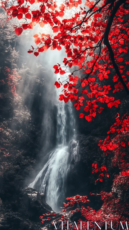 Crimson canopy framing a mist-veiled forest waterfall cascade.