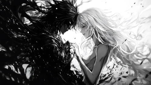 Dark and light lovers entwined in monochrome ink storm.