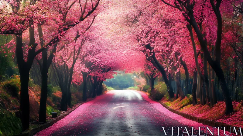 Cherry tree tunnel over wet road under diffuse spring light