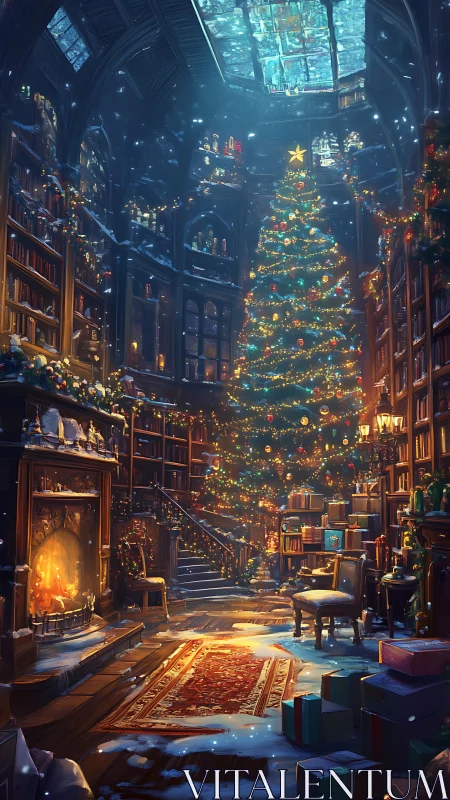 Grand library with towering Christmas tree and fireplace.