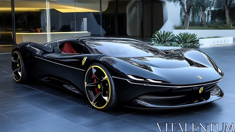 Midnight hypercar prowls a glassy courtyard like liquid obsidian