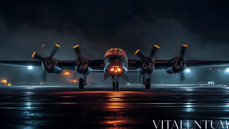 Midnight bomber awakens in rain-slick electric runway glow.