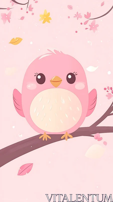 Pink songbird perched on sakura branch in pastel spring.