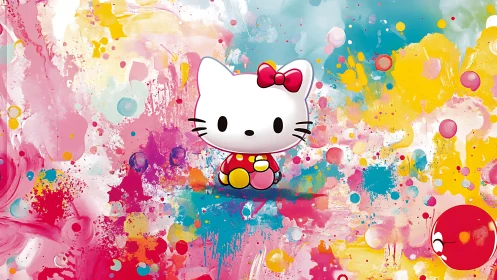 Vector-style white cat mascot on multicolor splatter gradient field