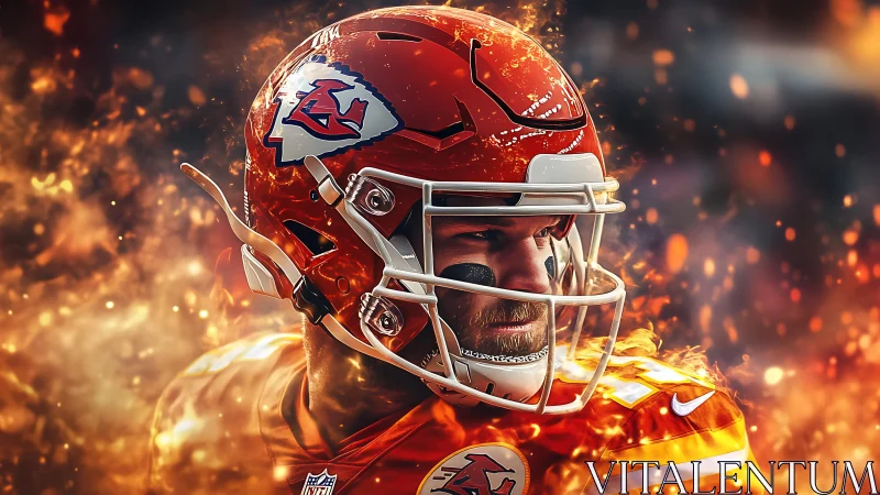Photorealistic fiery football portrait with dynamic motion glow.