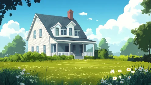 Sunny farmhouse porch wrapped in wildflower quiet charm.