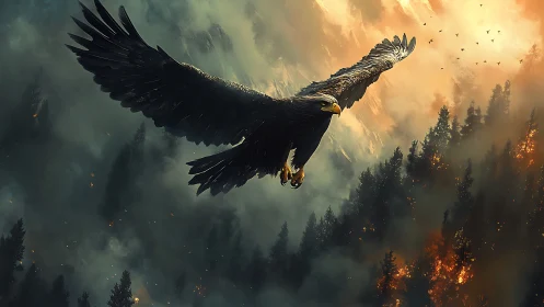 Majestic Eagle Soars Over Forest Fire in Dramatic Digital Art.