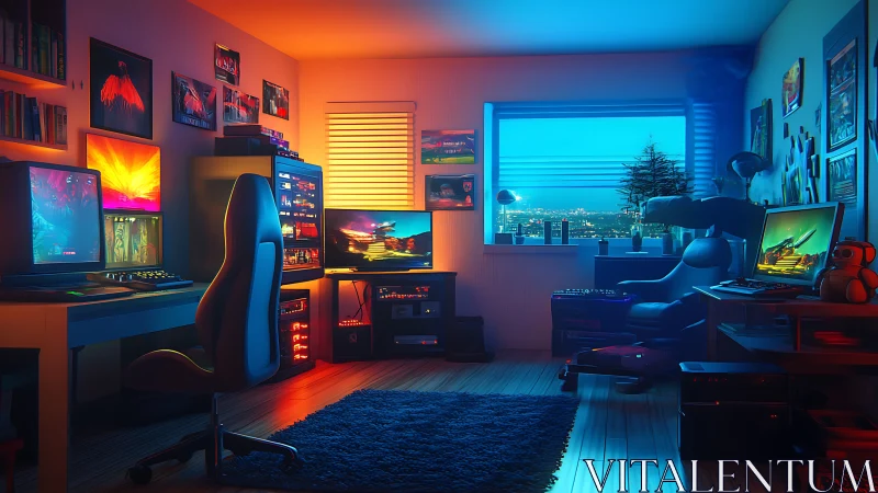 Dual-screen gaming room with RGB lighting and city view.