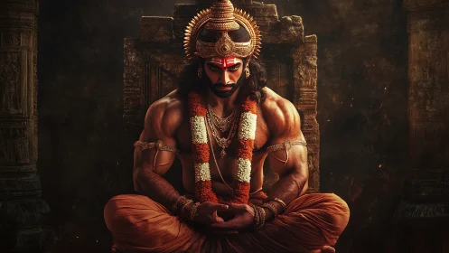 Warrior monk in ember-lit temple, muscles wrapped in mantra.