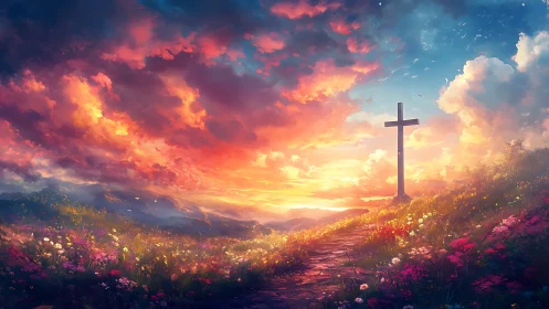 Glowing sunset sky welcomes a quiet hilltop cross in bloom