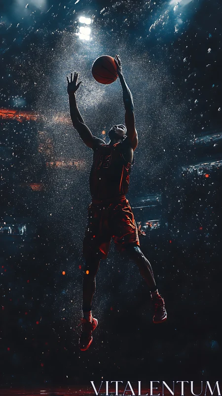 Backlit basketball dunk in atmospheric arena with particle-laden haze