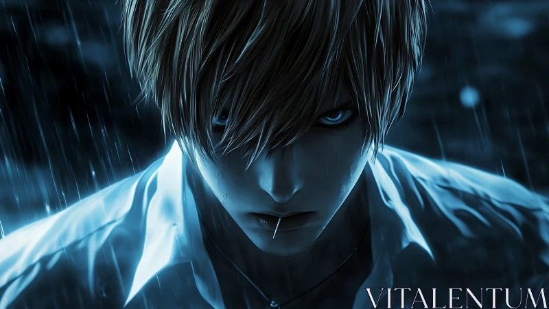 Intense blond anime man in rain with piercing blue eyes.