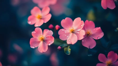 Pink Blossoms in Motion: Macro Photography with Dew Droplets.