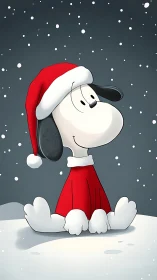 Cartoon beagle in Santa suit enjoying gentle winter snowfall.