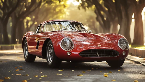 Red classic sports coupe is parked on a tree-lined street