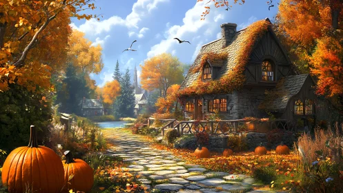 Autumn stone cottage under warm directional light with pumpkins