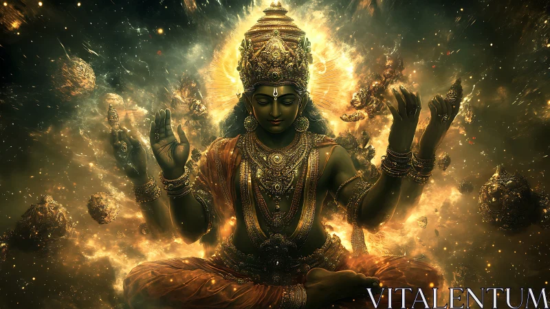 Multilimb deity figure in luminous cosmic environment.
