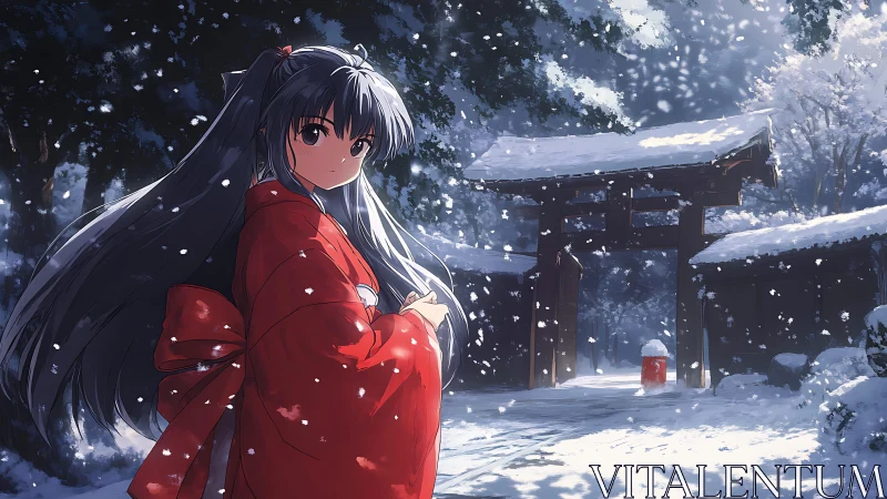 Snow-covered shrine gate with girl in red kimono at dusk.