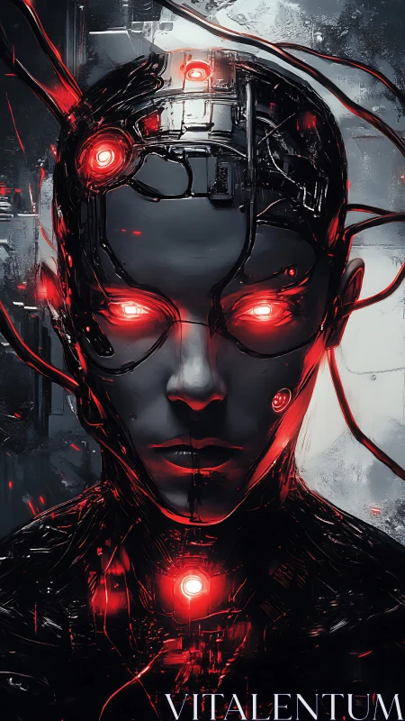 Cybernetic humanoid head with red illuminated neural interfaces