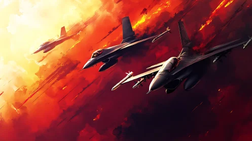 Military jet fighters dive through intense fiery sky.