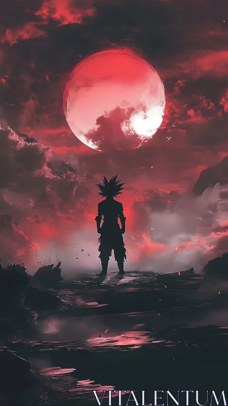 Lone spiky warrior beneath vast crimson eclipse sky.