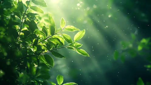 Sunlit Green Leaves with Morning Dew in a Lush Nature Scene.