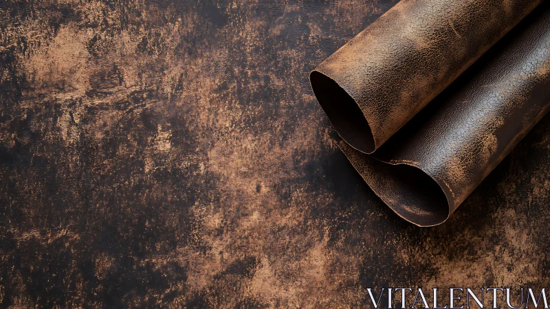 Rolled vintage leather sheet on distressed brown backdrop.