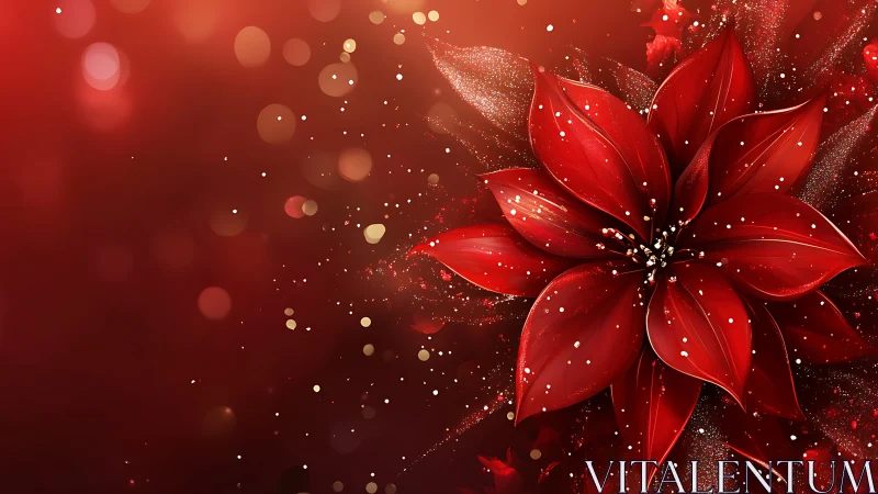Red poinsettia flower on glowing festive red background.