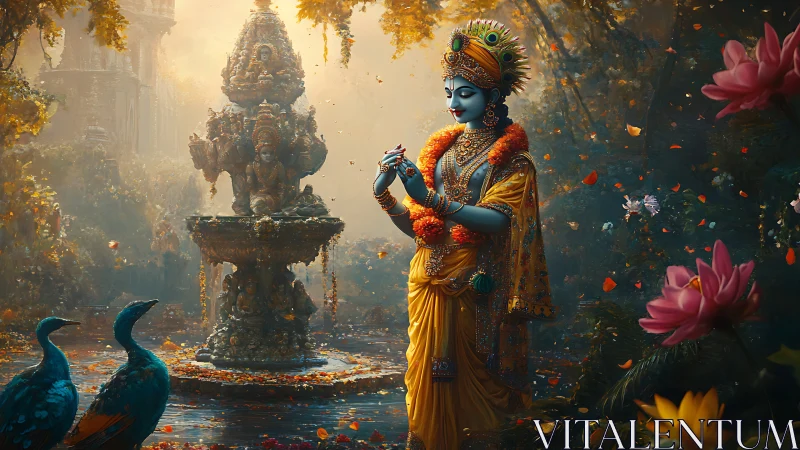 Deity figure in ornate garden with fountain and peacocks.