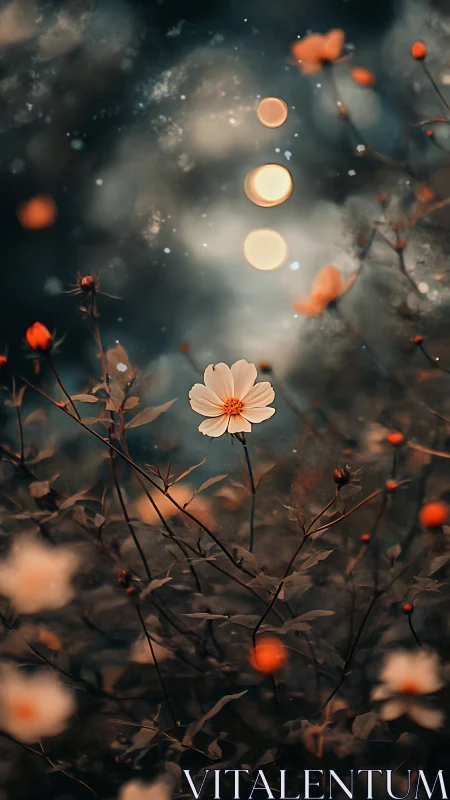 Soft glowing wildflower under dreamy evening lights.