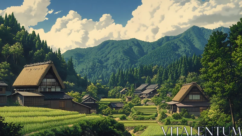 Mountain village rice terraces under bright summer sky.
